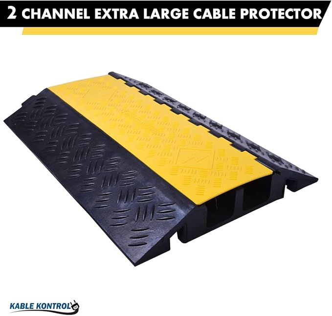 Kable Kontrol Atlas Heavy Duty Cable Protector Ramp - 2 Channel Bulk Wholesale Pallet - 10 Pcs - 35” Long Black & Yellow – 32000 Lbs Capacity - Rubber Speed Bump Wire Protector Cord Cover – CP9985