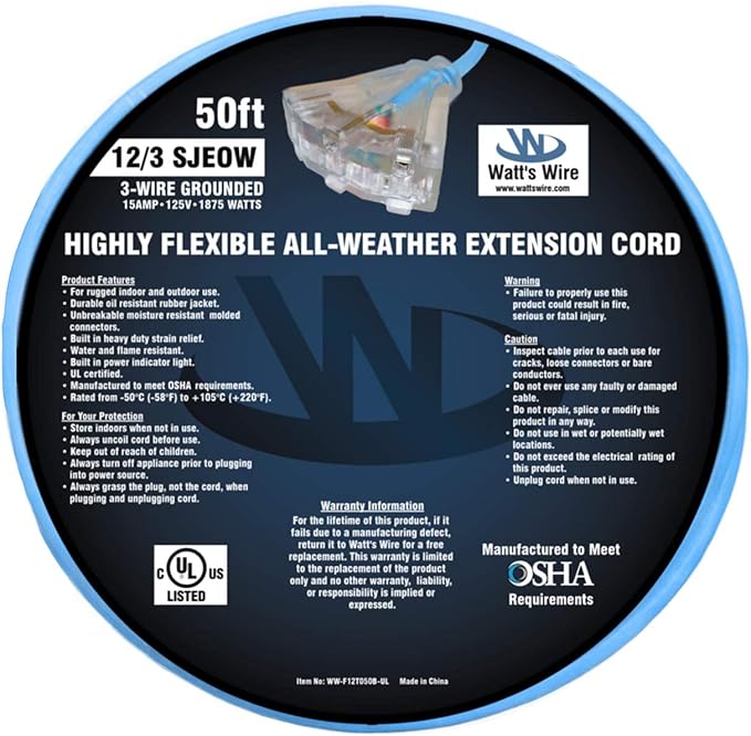 50 ft Extreme Cold Outdoor Extension Cord Waterproof - 12 Gauge Heavy Duty Extension Cord 50 ft - Lighted Outdoor Extension Cords with Multiple Outlets Oil-Resistant Flexible Cord - Watts Wire