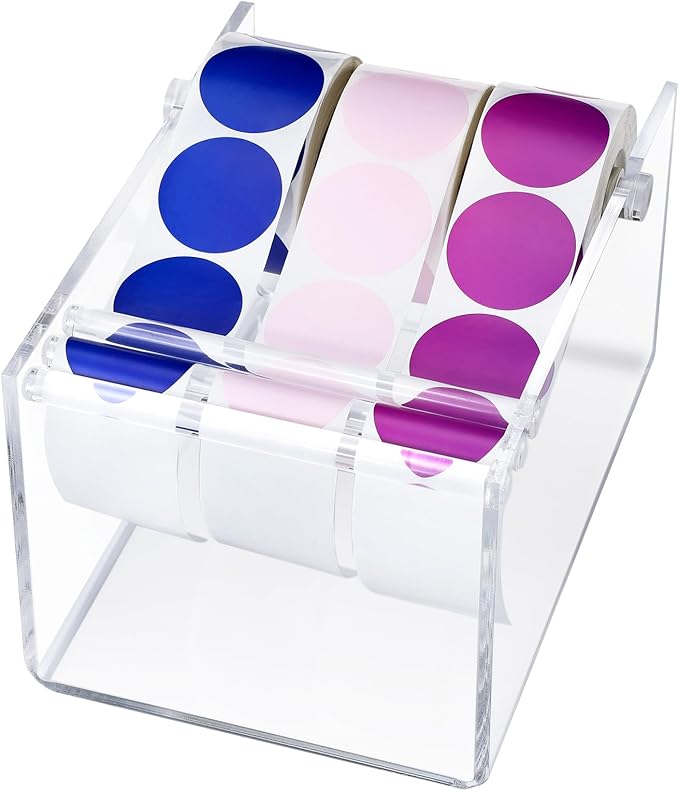1 Pcs Adjustable Label Dispenser 3 Disks Sticker Roll Holder Sticker Dispenser Label Roll Holder Acrylic Tape Organizer Stand for Office Home Desktop(Transparent)