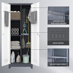 LUCYPAL Metal Garage Storage Cabinet,Broom Closet Storage Cabinet with Locking Doors and Shelves,Cleaning Tool Cabinets with Hanging Rods for Kitchen,Garage,White&Grey 65" H