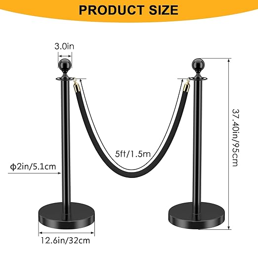 LOVMOR 6PCS Stanchion Post, Crowd Control Barriers, 5 ft Black Velvet Rope Red Carpet Ropes and Poles, Stainless Steel Gold Stanchions Used for Theaters, Parties, Wedding, Exhibition