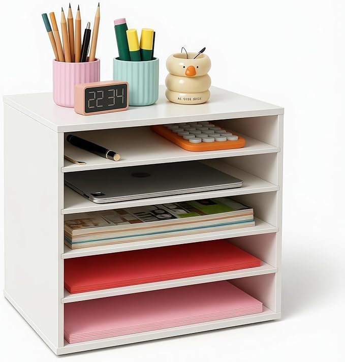 EMERIT Paper Organzier Wood Desktop Organizer Storage Letter Tray File Sorter with Adjustable Shelves for Home Office