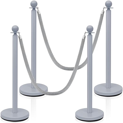 Ferraycle 4 Pcs Stainless Steel Stanchions Post Queue 38 Inch, 5 ft Velvet Rope Carpet Ropes and Pole, Control Barriers for Wedding Birthday Party Decoration Sand Injection Hollow Base Set (Gray Blue)