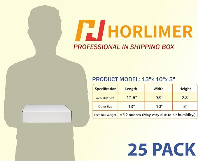 HORLIMER 13x10x3 inches Shipping Boxes Set of 25, White Corrugated Cardboard Box Literature Mailer