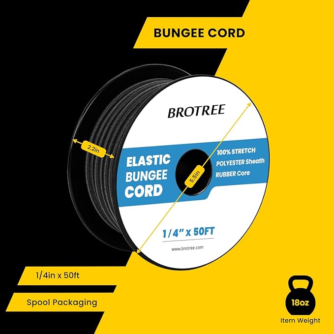 Bungee Cord Elastic Shock Cord 1/4" x 50' Bungee Rope for DIY, Tie Downs, Kayak and Outdoor - Black