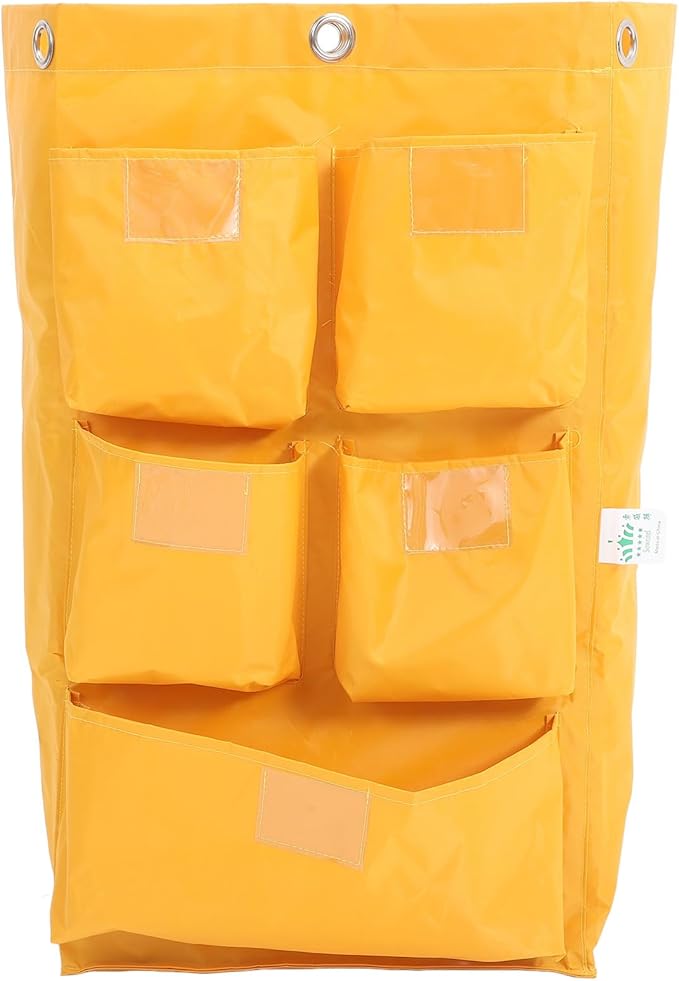 VALICLUD Replacement Waterproof Janitorial Cleaning Cart Bag with 5 Additional Compartments, Yellow Fabric Housekeeping Cart Storage Bag for Hotel and Commercial Cleaning Supplies