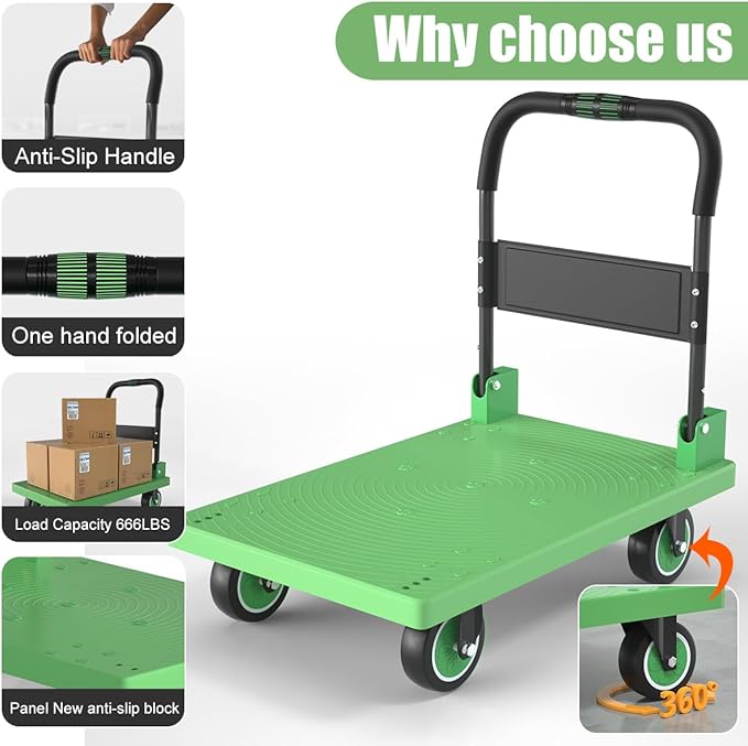 WUD Push Cart, Folding Mobile Platform Trolley,Thickened and Reinforced, 360° Swivel Wheels, 35.4 “L x 23.6 ”W, 1323 lb. Green Dolly cart with Wheels