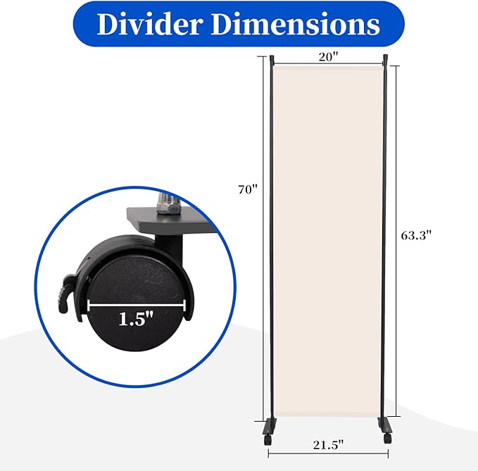 Room Divider 6FT Room Partition with Lockable Wheels, (Thicked Metal Base) Room Dividers, Freestanding Indoor Folding Privacy Screens, Portable Fabric Wall Divider for (Beige, 21.5"- 1 Panel)