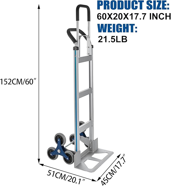 2 in 1 Aluminum Hand Truck 650 lb Capacity, Heavy Duty Stair Climbing Cart with 6 Wheels, Convertible Hand Truck and Dolly with Loop Handle