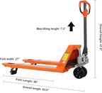 Tory Carrier Manual Pallet Jack Truck, Standard Duty Pallet Trucks 5500 Lbs Capacity 48" Length x 27" Width Fork, Orange