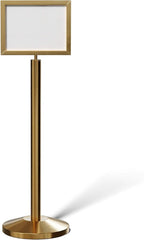 Crowd Control Warehouse Pedestal Standing Floor Sign Frame with Sloped Base, 11 x 14 Inch Horizontal, Satin Brass