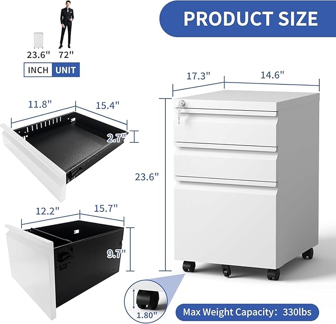 3 Drawer File Storage Cabinet, File Cabinets for Home Office, Metal Rolling Filing Cabinet, Locking File Cabinet for A4/Letter/Lagal Size, Fully Assembled, Matte White