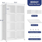 200Gal Plastic Stackable Storage Bins with Lid, 800Qt Collapsible Closet Organizer and Storage, Folding Storage Box with Wheels and Clear Doors for Home Kitchen Office Dorm Room, 4Pack White