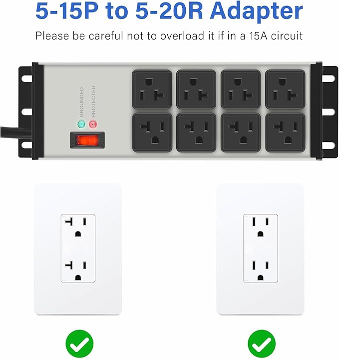 CCCEI Magnetic Heavy Duty Power Strip Surge Protector 20Amp, 12 Gauge High Amp Extension Outlets, Garage Wall Mount 8 Plug Metal Power Strip. 10FT, Grey, 5-15P Adapter 6-20R T-Slot 20a for Appliance