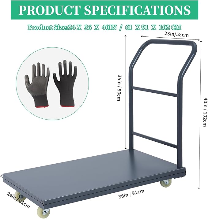 Heavy Duty Flatbed Cart 36"x24" Platform Truck, 2000 lbs Capacity Steel Hand Truck with 4 Swivel Wheels, Industrial Utility Push Cart for Warehouse, Garage, and Moving Supplies