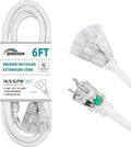 3-Outlets Indoor Outdoor Extension Cord Weatherproof with Lighted End, UL Listed, 14 Gauge 6FT White 3 Prong Heavy Duty, 14/3 SJTW 15A Power Cord