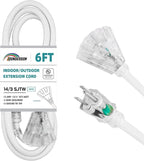 3-Outlets Indoor Outdoor Extension Cord Weatherproof with Lighted End, UL Listed, 14 Gauge 6FT White 3 Prong Heavy Duty, 14/3 SJTW 15A Power Cord