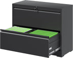 File Cabinets 2 Drawer,Metal Office Storage Filing Cabinet with Lock,Black Lateral Filing Cabinet for Home Office,Horizontal 2-Drawer File Cabinets for Legal/Letter/A4,Assembly Require,Black