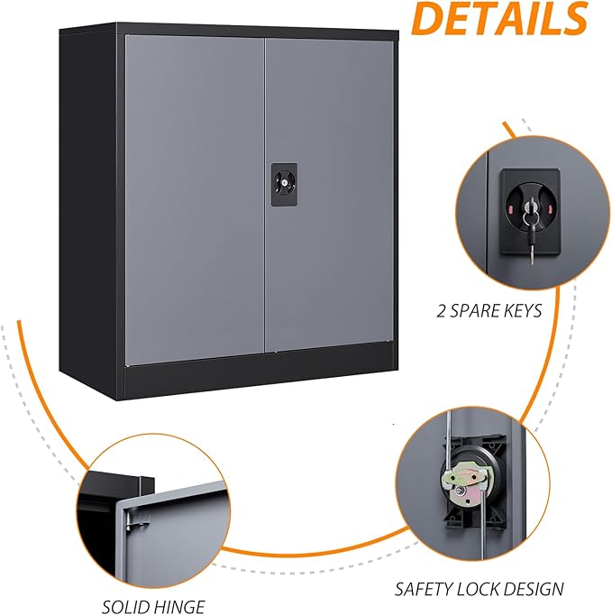 Metal Storage Cabinet, Lockable Storage Cabinet with 2 Doors and Shelves, Metal Cabinet with Lock, Small Lockable Metal Cabinet for Home Office(Black Grey)