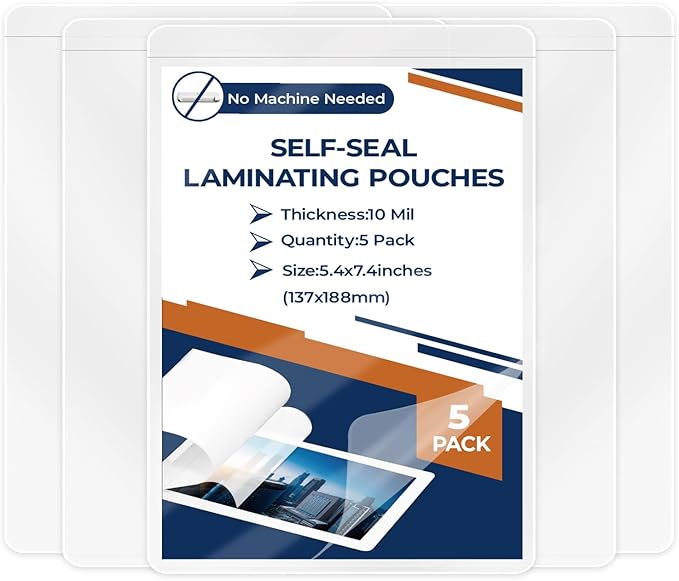 5 Pack 10 Mil 5"x7" Self Sealing Laminating Pouches Self Adhesive Lamination Pouches Clear Laminate Sheets for Photos Office School(No Heat Laminating Sheets & No Laminator Machine Need)
