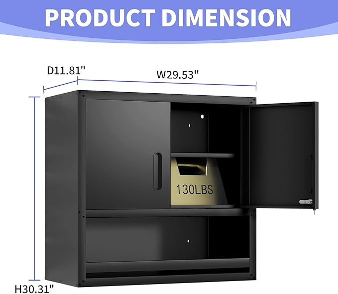Metal Garage Wall Cabinet with Lock, Wall Mounted Metal Storage Cabinets with Doors and Shelf, Lockable Floating Tool Storage for Garage Basement Utility Room