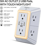 USB Wall Charger, Surge Protector, POWRUI 6-Outlet Extender with 3 USB Charging Ports (1 USB C) and Night Light, 3-Sided Power Strip with Adapter Spaced Outlets - White，ETL Listed, Gray