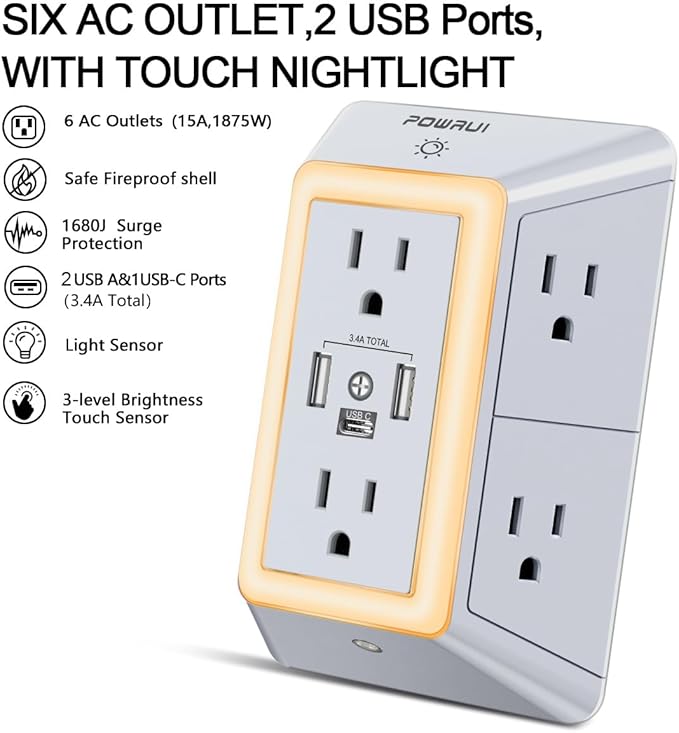 USB Wall Charger, Surge Protector, POWRUI 6-Outlet Extender with 3 USB Charging Ports (1 USB C) and Night Light, 3-Sided Power Strip with Adapter Spaced Outlets - White，ETL Listed, Gray