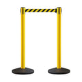 Crowd Control Warehouse CCW Series RBB-100 Set of 2 Stanchions with Retractable Belts - 11 Ft Black/Yellow Belt, Yellow Post - Line Dividers for Crowds Retractable Crowd Control Barriers