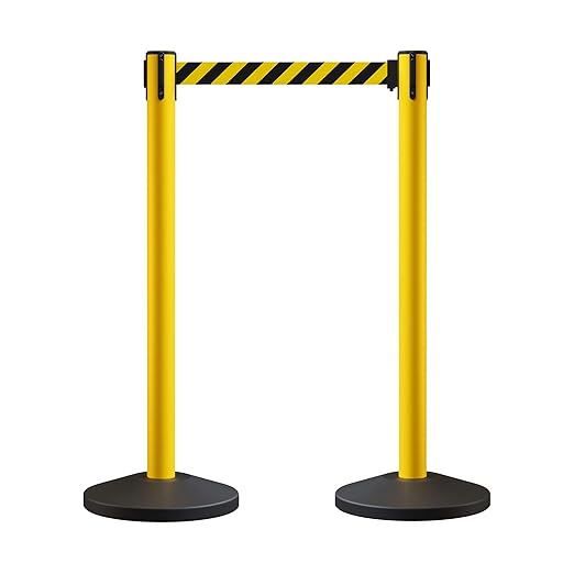 Crowd Control Warehouse CCW Series RBB-100 Set of 2 Stanchions with Retractable Belts - 11 Ft Black/Yellow Belt, Yellow Post - Line Dividers for Crowds Retractable Crowd Control Barriers