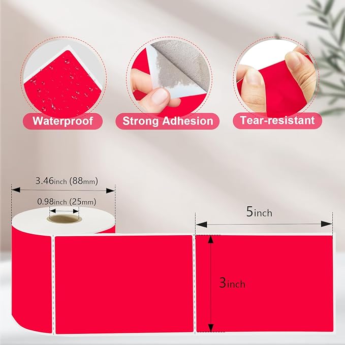 3 X 5 Inch Printable Waterproof Rectangle Color Coding Labels, 300 Per Roll Adhesive Color Coding Stickers for Bar-Codes, Address, Small Business Labeling, Red
