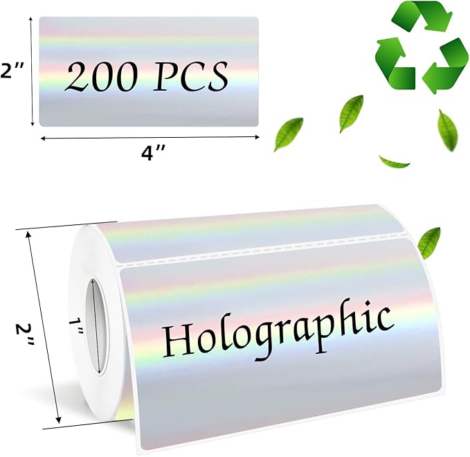 2x4 Inch Holographic Thermal Labels, Silver Direct Thermal Stickers Label, Self-Adhesive Glitter Thermals Printer Sticker Labels, Perforation Line Design- 200Pcs/ 1 Roll