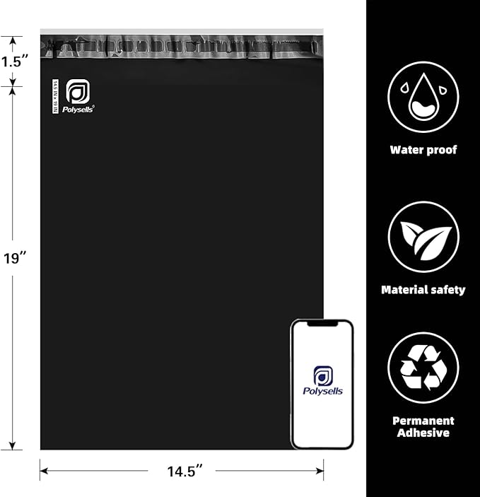 POLYSELLS 1000 pcs 14.5x19 Inches Black Poly Mailers Shipping Envelopes, Strong Adhesive Sealing, Waterproof, and Tear-resistant Postal Mailing Bags for Clothing, Books, and Accessories