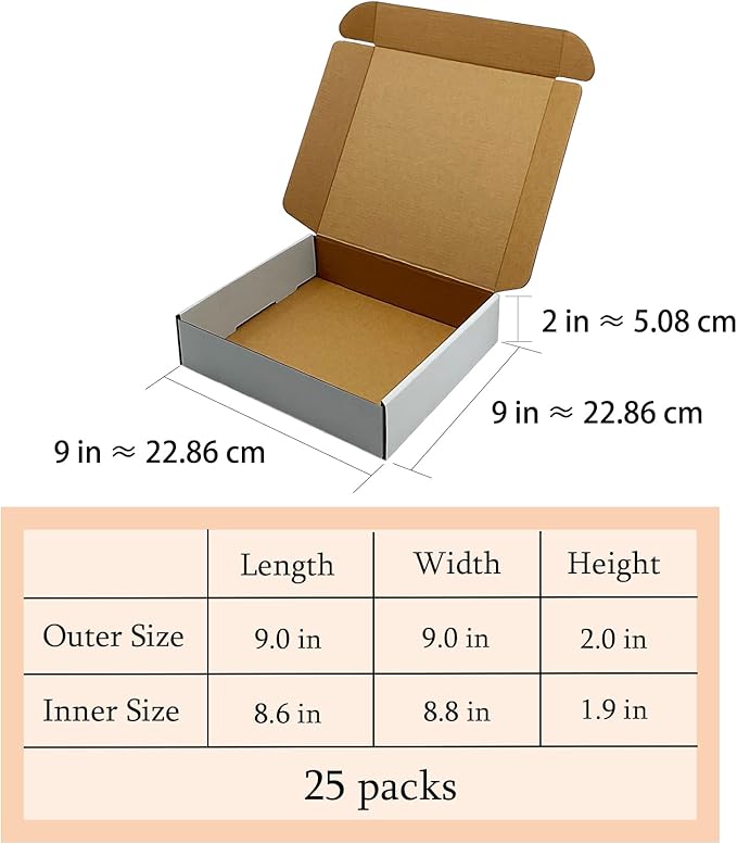 9x9x2 Inches Shipping Boxes Set of 25,White Corrugated Mailing Cardboard Box Literature Mailer for Packing Small Business Moving Storage, E-Commerce Packaging Mailing Boxes Gift Boxes for Presents