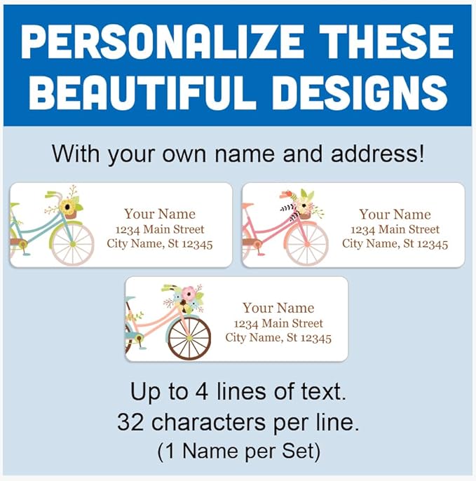 Personalized Return Address Labels - Charming Bicycles with Flowers - 60-1000 Custom Self-Adhesive Stickers