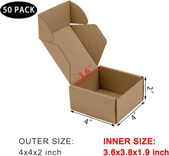 50 Pack 4x4x2 Inches Small Shipping Boxes, Brown Corrugated Cardboard Boxes, Moving Mailing Packing Box