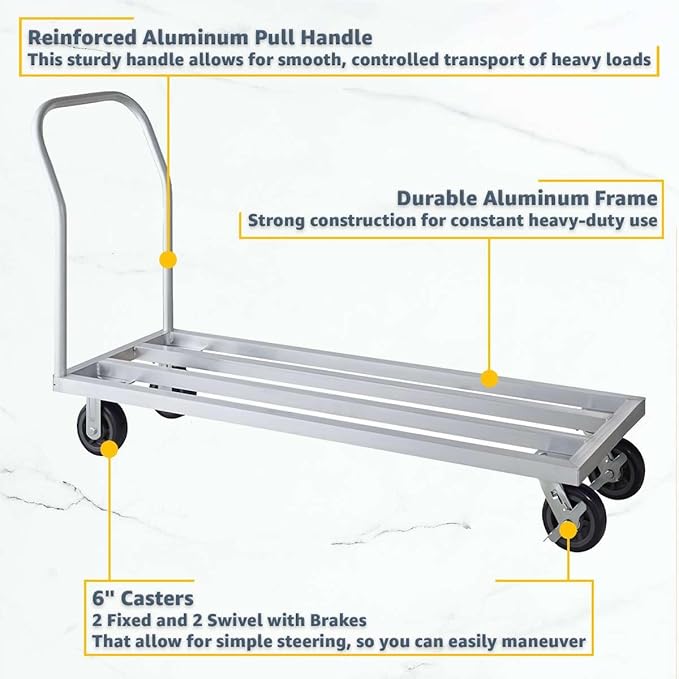 20" x 60" Mobile Aluminum Dunnage Rack - 1600 lb. Capacity, Heavy-Duty Rolling Storage Platform with Handle and Casters, NSF Certified Aluminum Rack for Kitchen, Warehouse, Food Storage