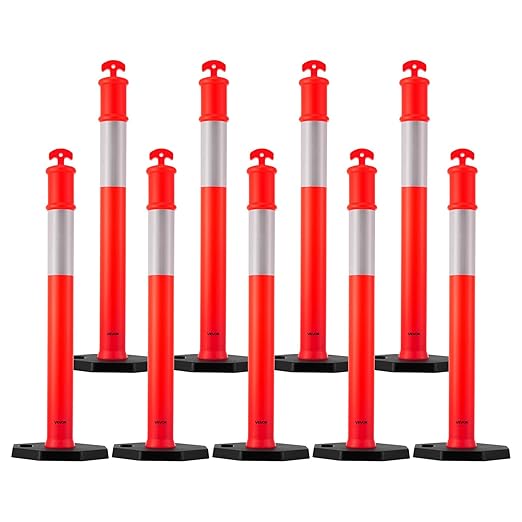 VEVOR 9 Pack Traffic Delineator Posts, 48 inches Traffic Safety Cones with Weighted Base and Reflective Strips, Heavy Duty Delineator Posts for Construction Site, Parking Lot, Crowd Control, Red