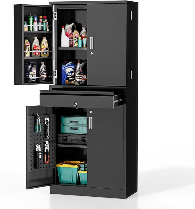 VINGLI Metal Storage Cabinet with 4 Doors & 1 Drawer, 71'' Steel Locking Cabinet with 6 Door Hanging Shelves and Adjustable Shelves for Garage, Warehouse, Home Kitchen, Dining Living Room (Black)