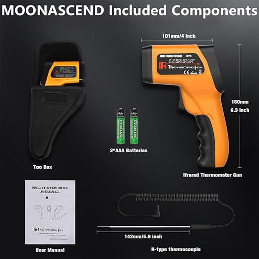 Infrared Thermometer Gun for Cooking, Non Contact Thermometers Laser Temperature Guns with K-Type Probe, 12:1 Dual-Mode Temp Gun (-58°F to 1472°F), Pizza Oven, BBQ, Home Repairs, HVAC