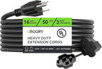 Outdoor Extension Cord Waterproof 50 FT, Black 16/3 SJTW Heavy Duty, Flexible 100% Copper 3 Prong Extension Cord for Lawn, Garage,UL Listed