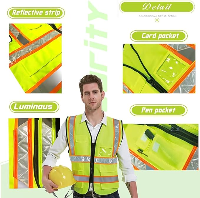 YOWESHOP High Reflective Visibility Safety Vest Custom Your Logo Safety Workwear with Reflective Strips and Front Zipper