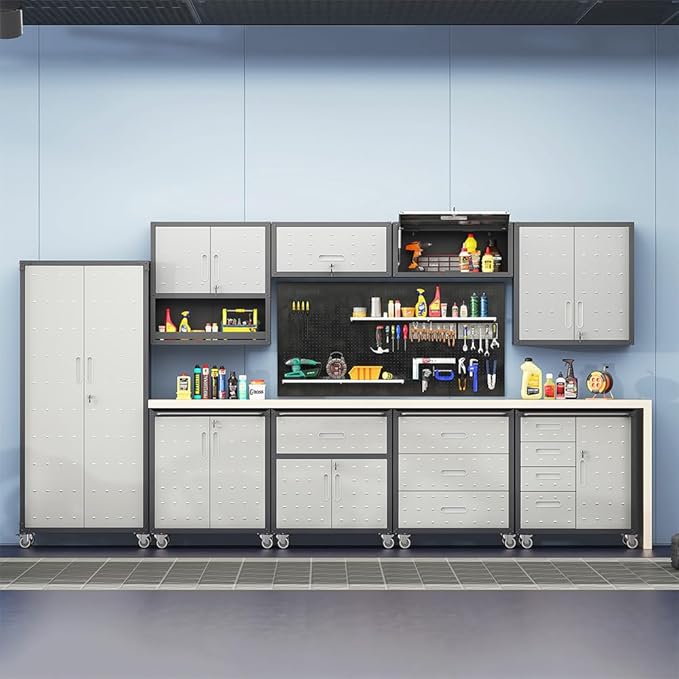 Metal Wall Mounted Cabinet with Up-flip Door, Lockable Heavy-duty Steel Wall Cabinet with lock, Floating Tool Storage Cabinet for Garage, Workshop,Warehouse, Assembly Required (Grey,13.58"H)