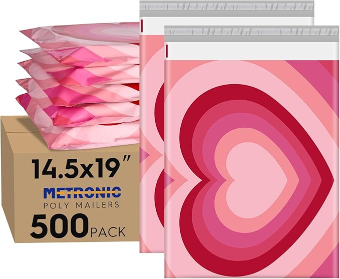 Metronic Poly Mailers 14.5x19 Inch 500pc Shipping Bags for Clothes,Strong Adhensive Shipping Envelopes for Small Business,Waterproof Mailers Poly Bags for Shipping,Packaging Mailing Bags Pink Heart