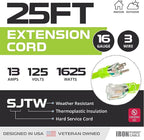 Iron Forge Cable Weatherproof 25 Ft Outdoor Extension Cord - 16/3 SJTW 13 Amp Heavy Duty Neon Green High Visibility Cable with 3 Prong - Lighted End