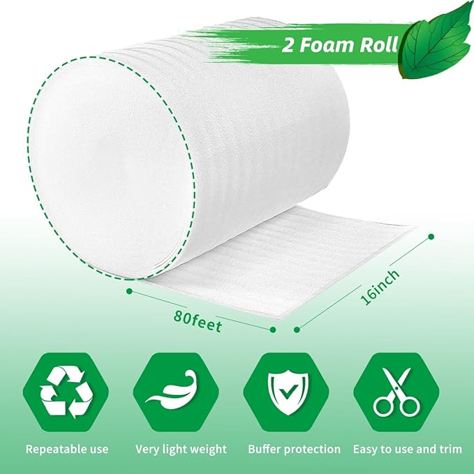 Moving Supplies, Foam Wrap Roll 16" Wide x 160' Length, For Protecting Fragile Articles,Furniture,Transportation Packing,Stuffing of Carton,with 60 Fragile Stickers (16"160')