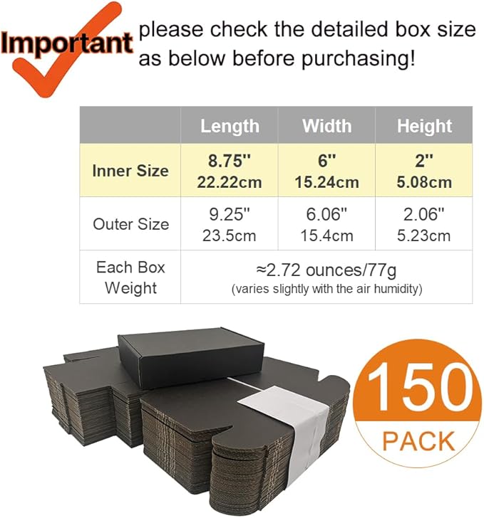 150 Pack 9x6x2'' Small Shipping Boxes, Corrugated Cardboard Mailers for Business, Black (CM962B-150)
