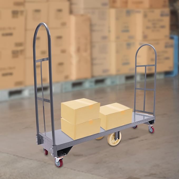 Gray Heavy Duty U-Boat Platform Truck Cart - 2000LBS Capacity 15.7x64.6in Steel Flatbed with 6 Casters, Foot Brake & Removable Handles for Warehouse/Storage Room