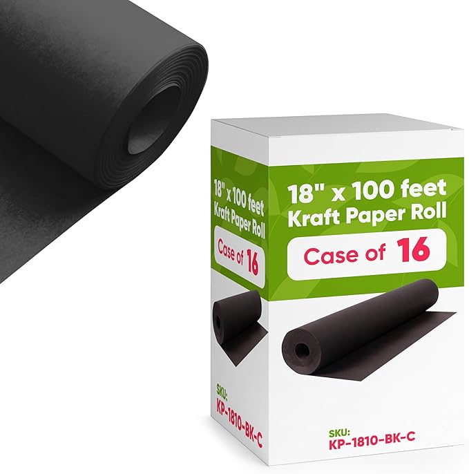 Black 18" x 1200" (100 ft) Kraft Paper, 45 lbs Thickness, USA-Made Recyclable, 16 Rolls