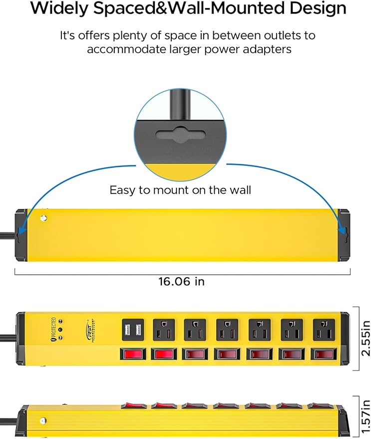 CRST 6-Outlet Heavy Duty Power Strip with USB and Individual Switches, 1200 Joules Metal Mountable Surge Protector Power Strip 15A Circuit Breaker, 6FT Extension Cord for Garage, Workshop, School
