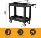 2-Tier Rolling Tool Cart,Heavy-Duty Plastic Service Cart with Lipped Shelves,550 lbs Capacity Utility Cart,40 x 17 Inch Rolling Work Carts for Garage,Salon,Kitchen,Office-Black